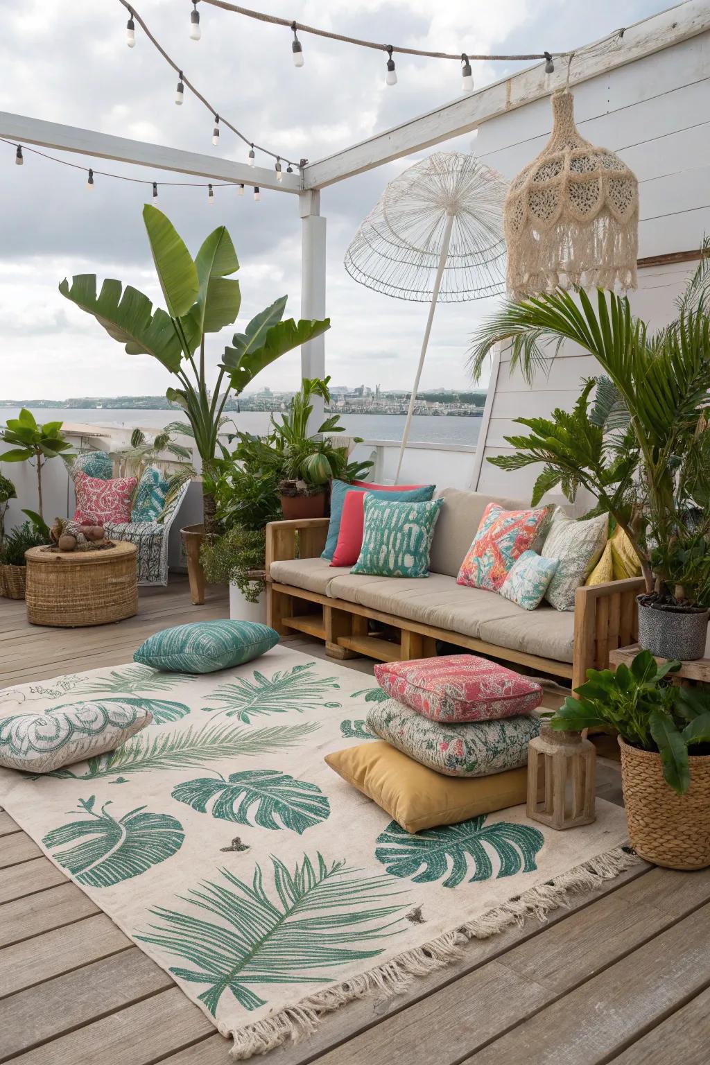 A tropical paradise utilizing palm-motif rugs.