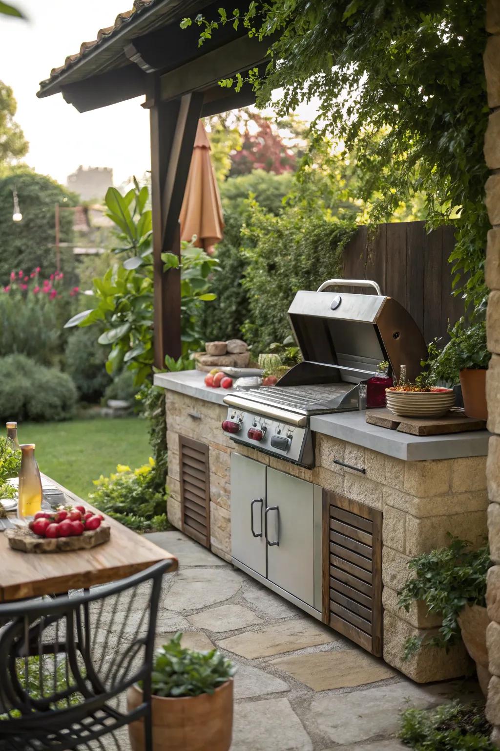 An exterior galley renders alfresco dining effortless.