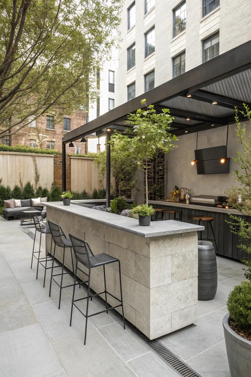 An industrial chic stone bar that features a modern twist.