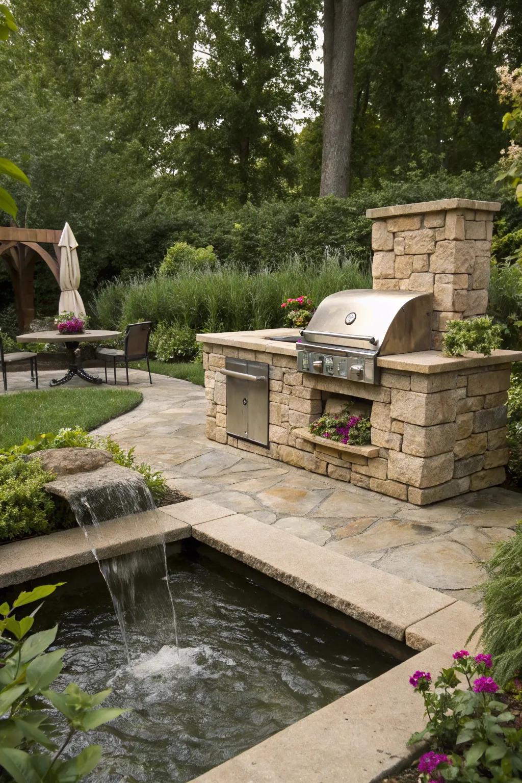 Introduce tranquility to your BBQ space with a nearby hydration element.