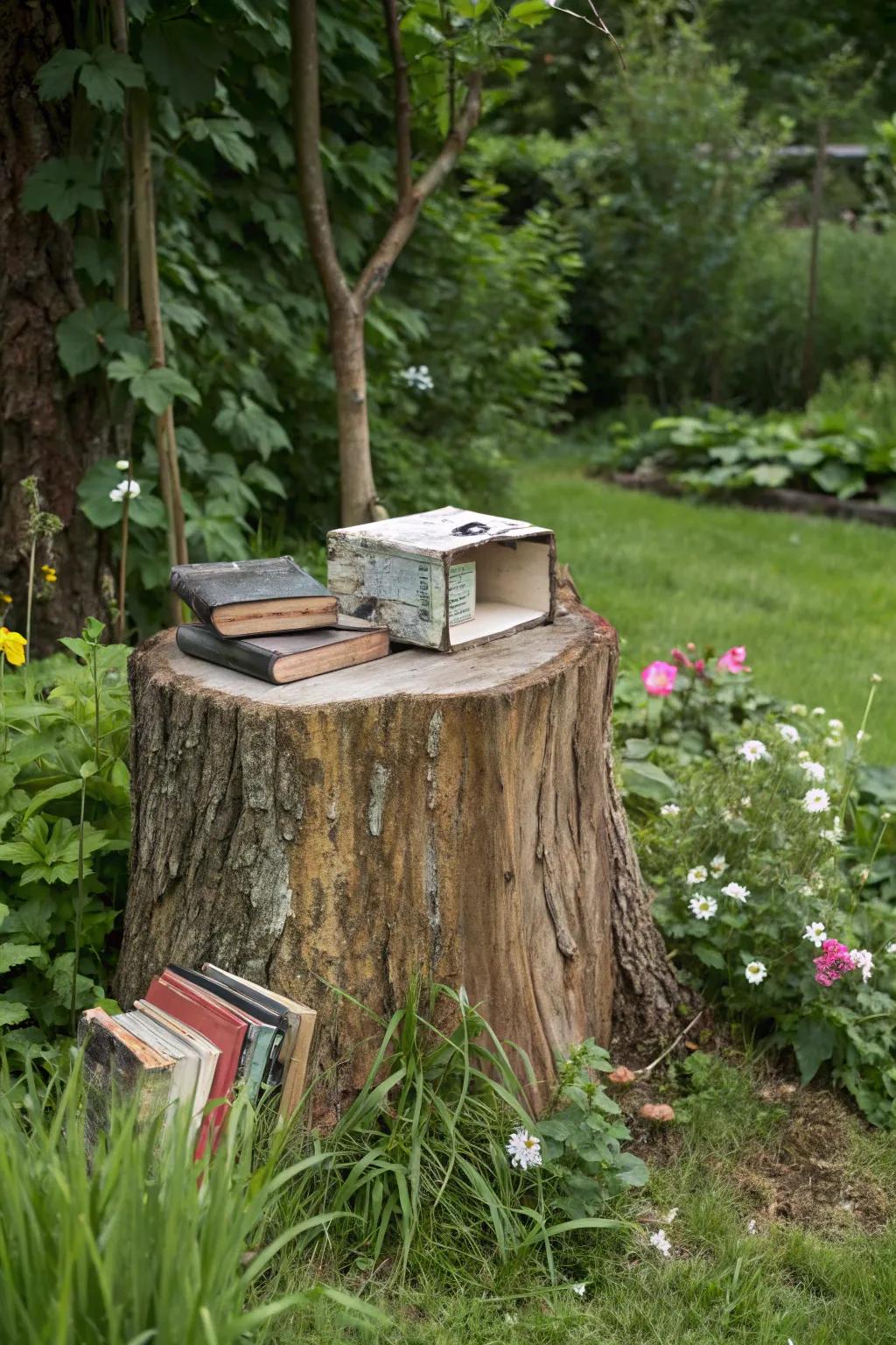 A miniature library on a stump invites community engagement.