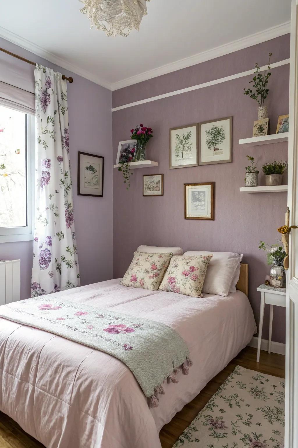 Toned lavenders generate a serene and soothing atmosphere in small bedrooms.