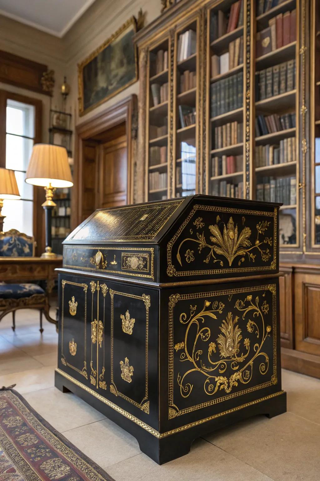 Ageless elegance with a dark and gold chest.