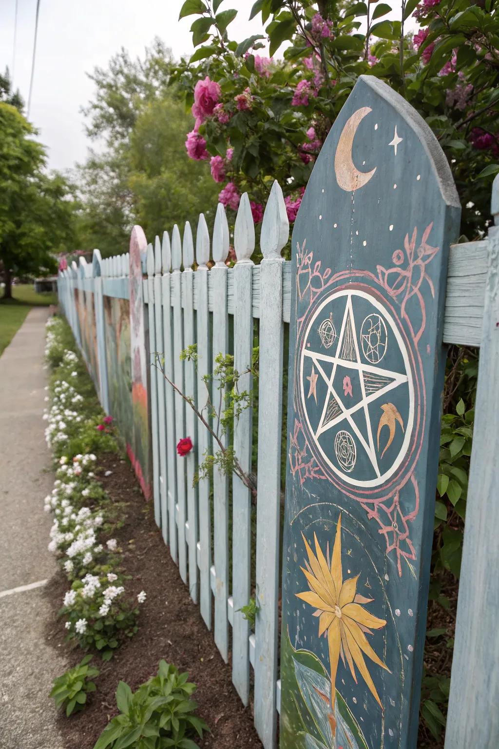 A picket fence remodeled into an artistic mural.
