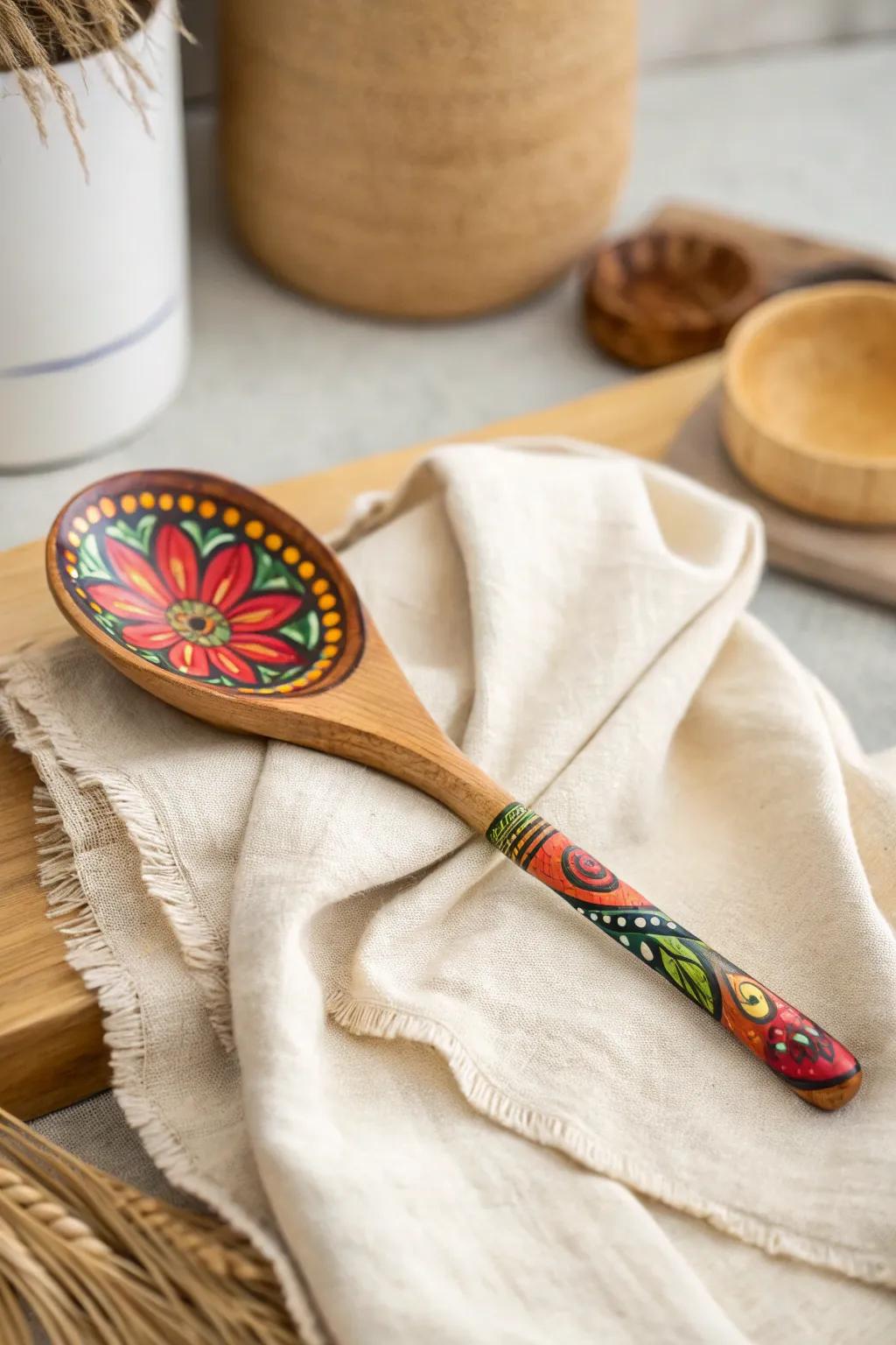 Reinvent your culinary space with a vibrant flourish: exquisitely embellished wooden utensils intermingling Scandinavian straightforwardness with Bohemian enchantment.