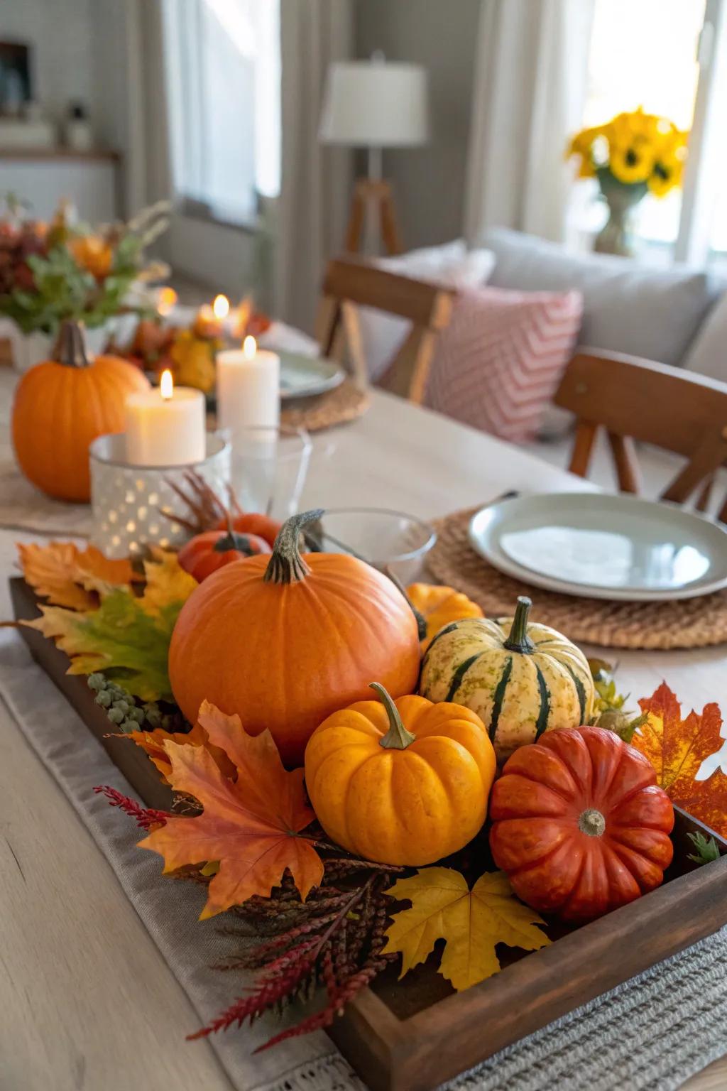 A fall-themed centerpiece featuring leaves, pumpkins and gourds.