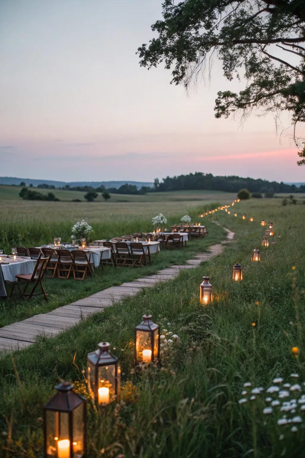 Luminaries add warmth and charm to the pasture setting.