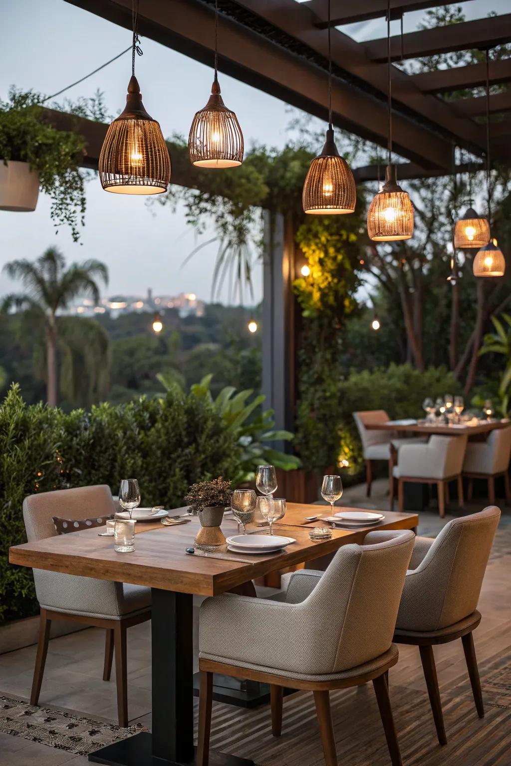 Suspended lights render a chic and concentrated overhead illumination resolution.