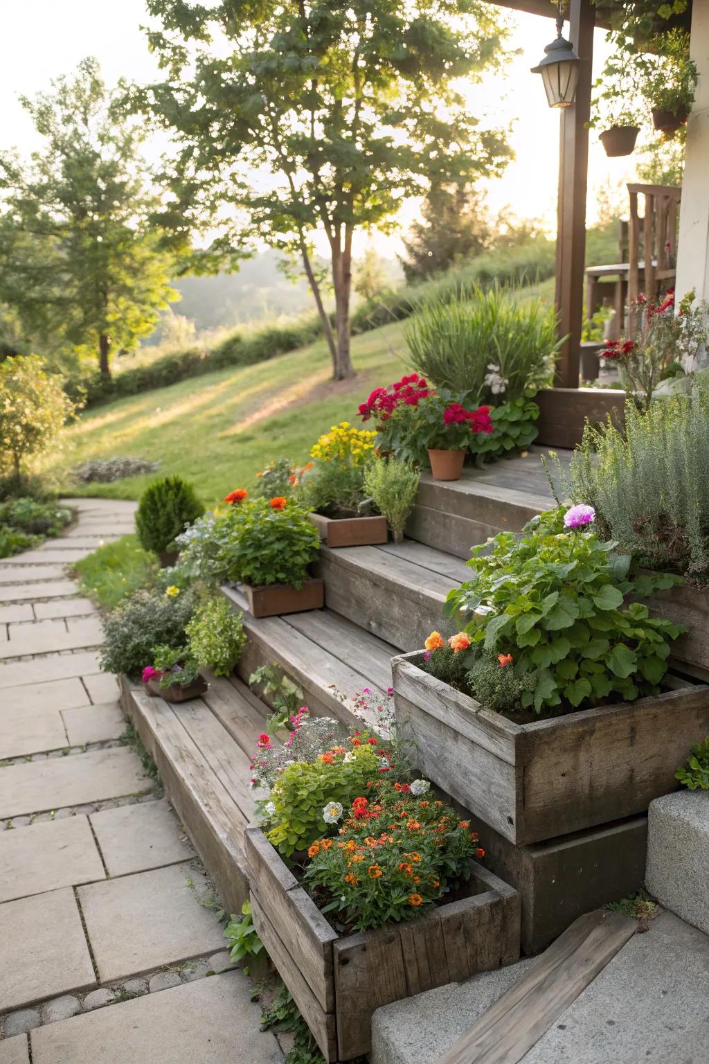 Planters infuse greenery and color into patio steps.