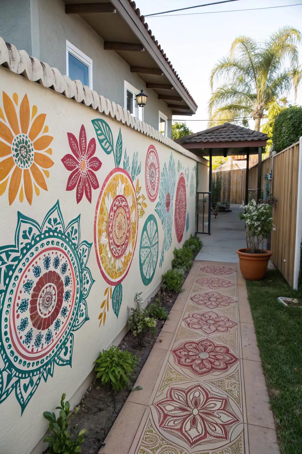 Artistic wall graphics infuse the patio with dynamic designs and shade.