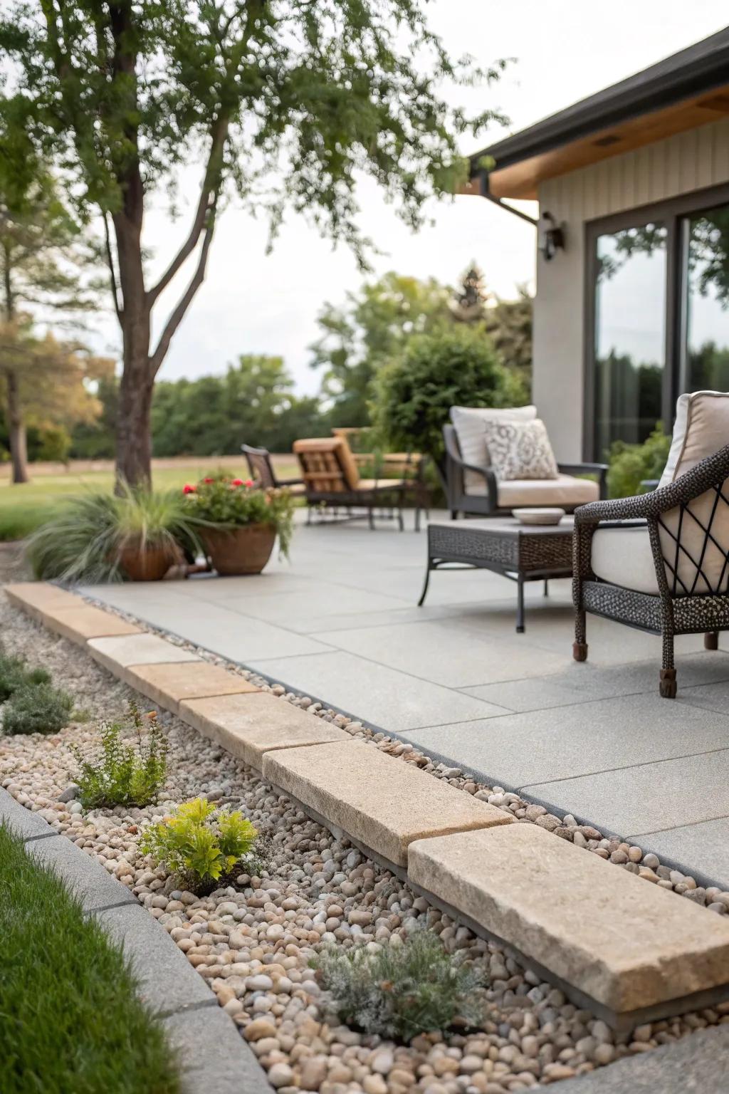 Accent your patio with borders of pea gravel.