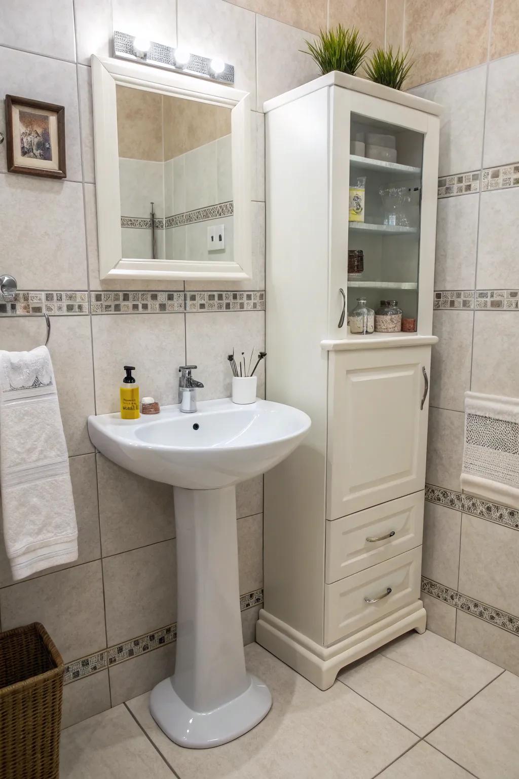 Wall-mounted cabinets offer refined storage.