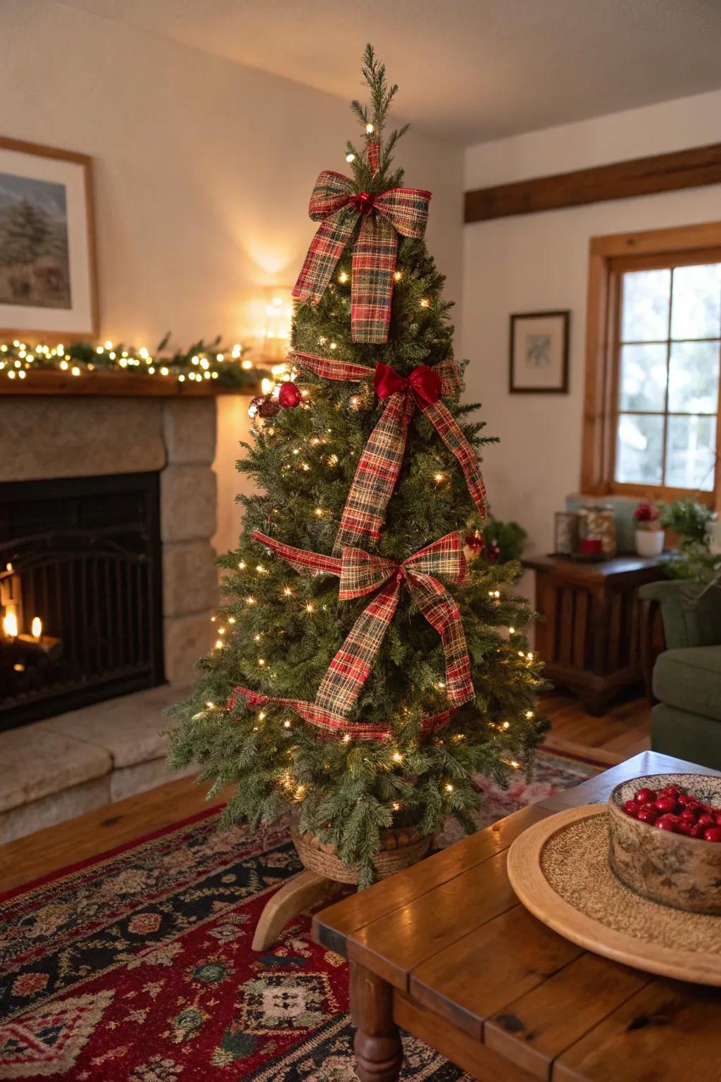 Checked pattern perfection with bands and bows on a slim tree.