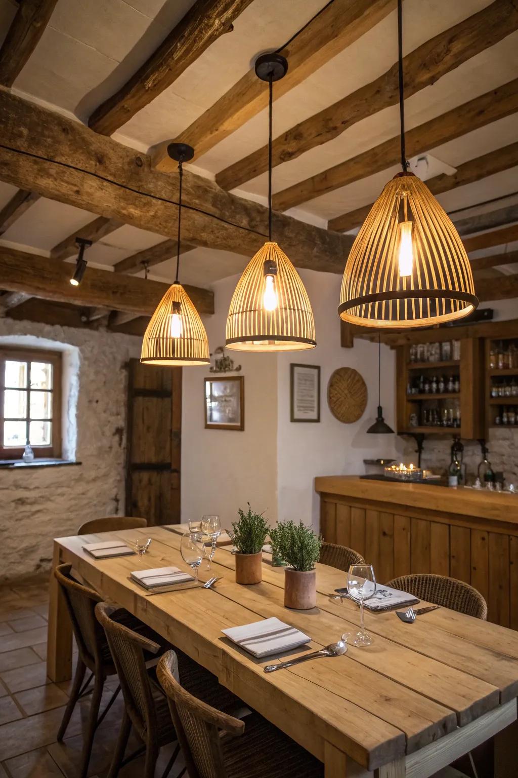 Rustic pendants enrich an intimate, homestead ambiance.