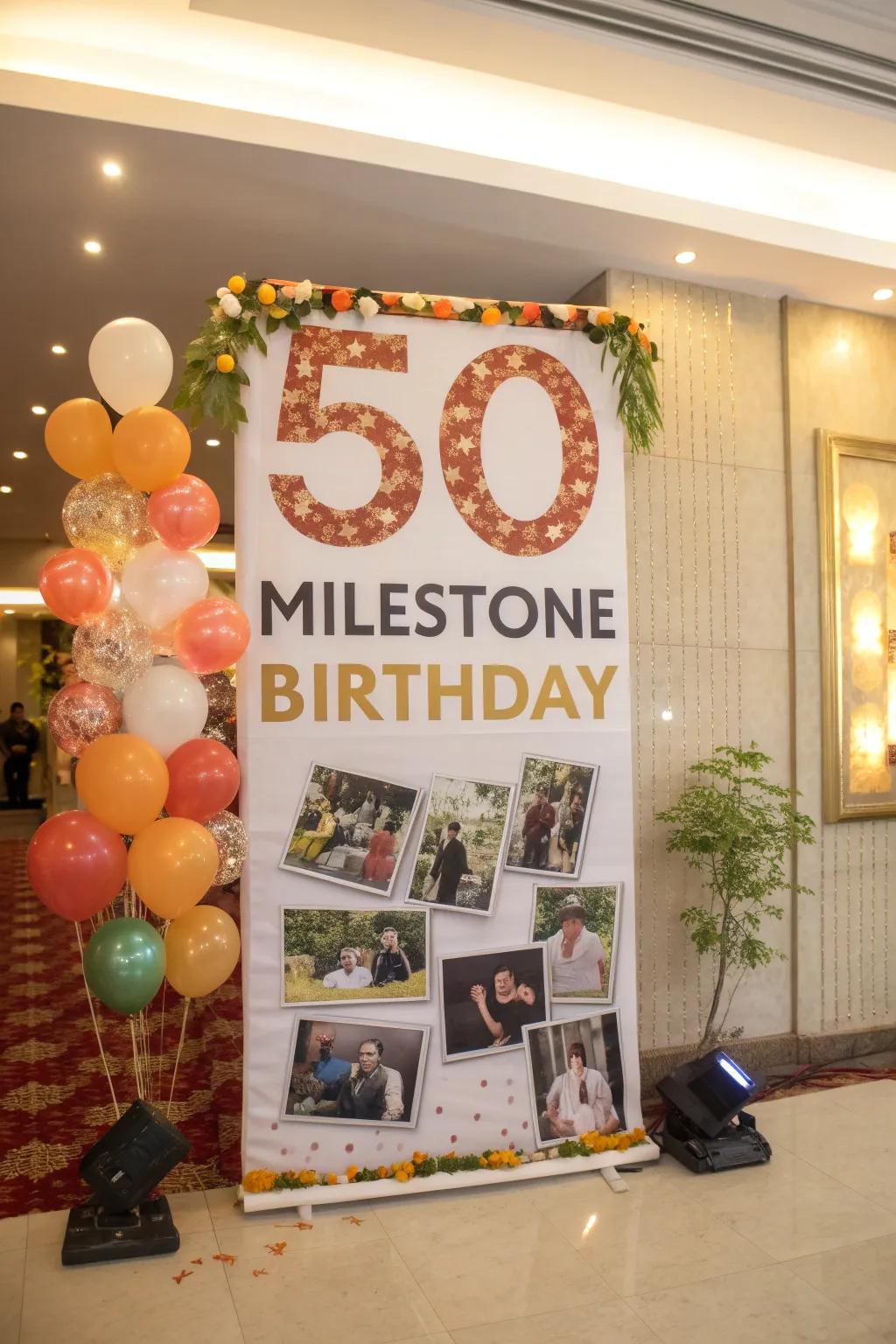 A significant birthday banner featuring prominent numerals and photographs.