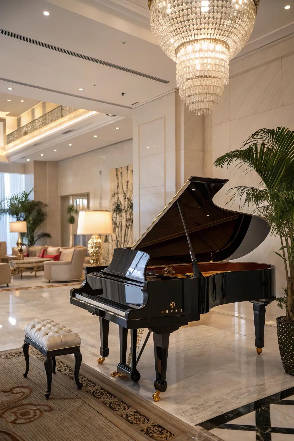 The piano takes center stage as the room's focal point.