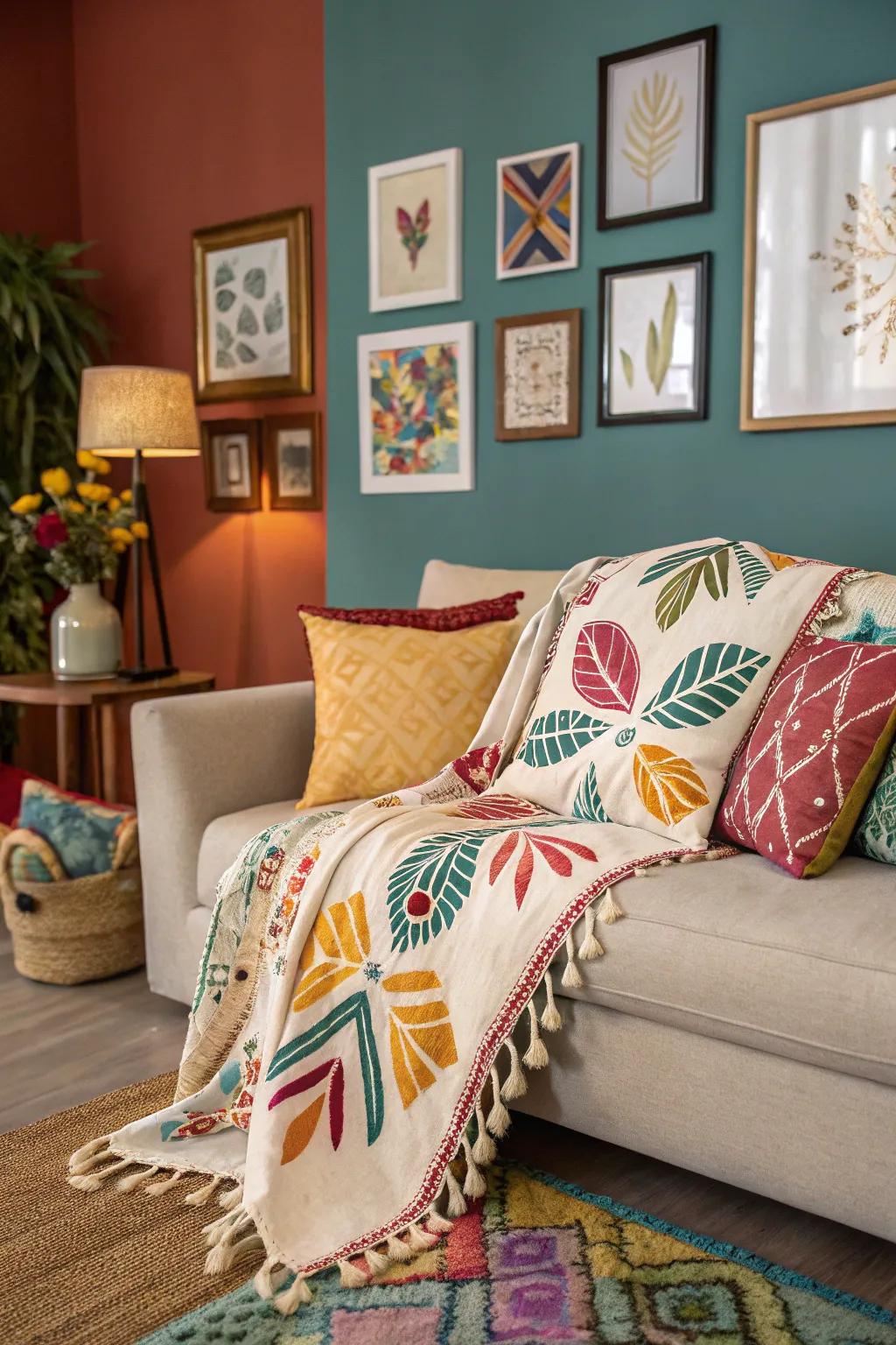 An artistic arrangement of a throw on a couch, creating a unique visual appeal.