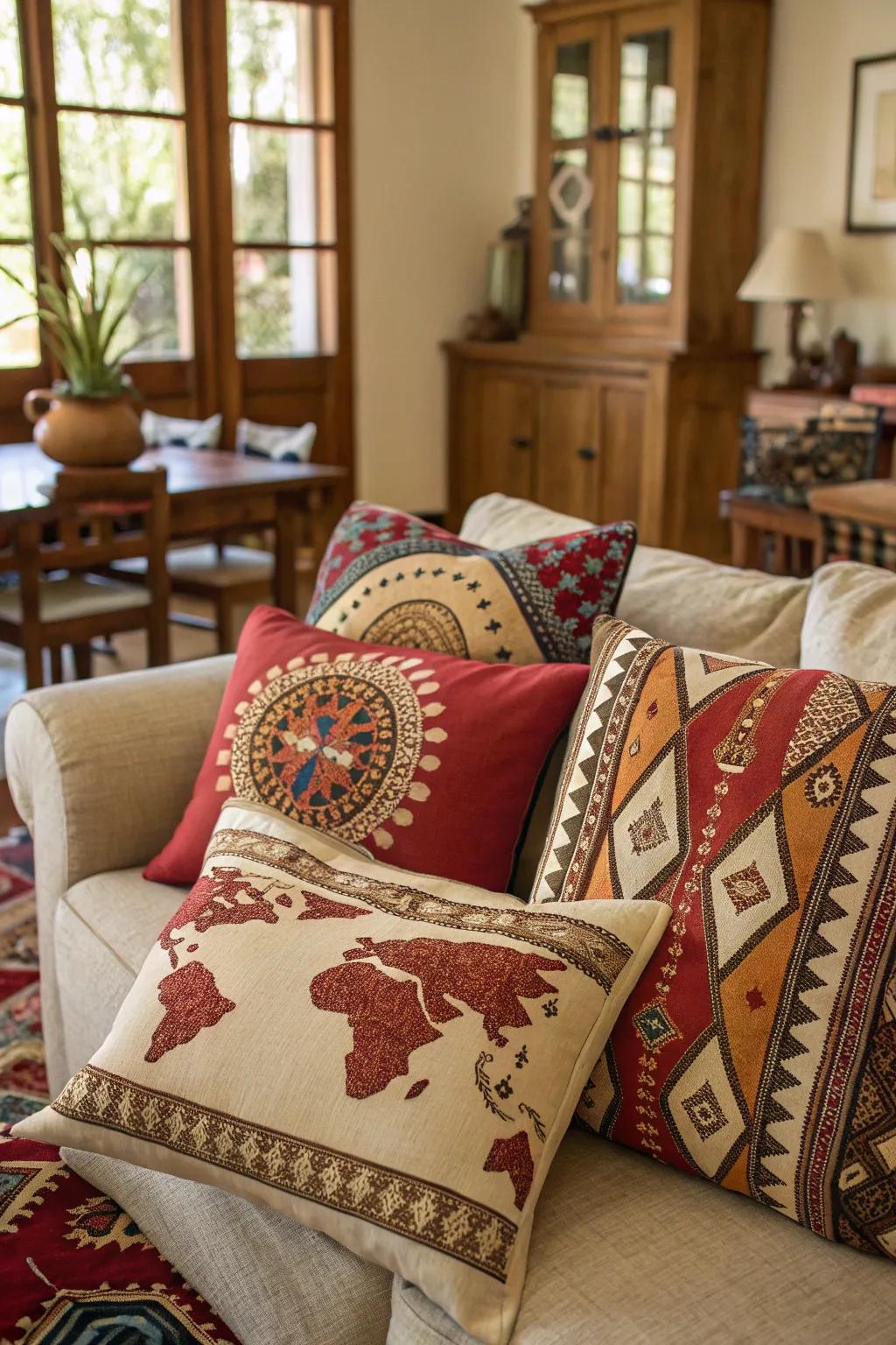 Culturally inspired pillows adding global flair.