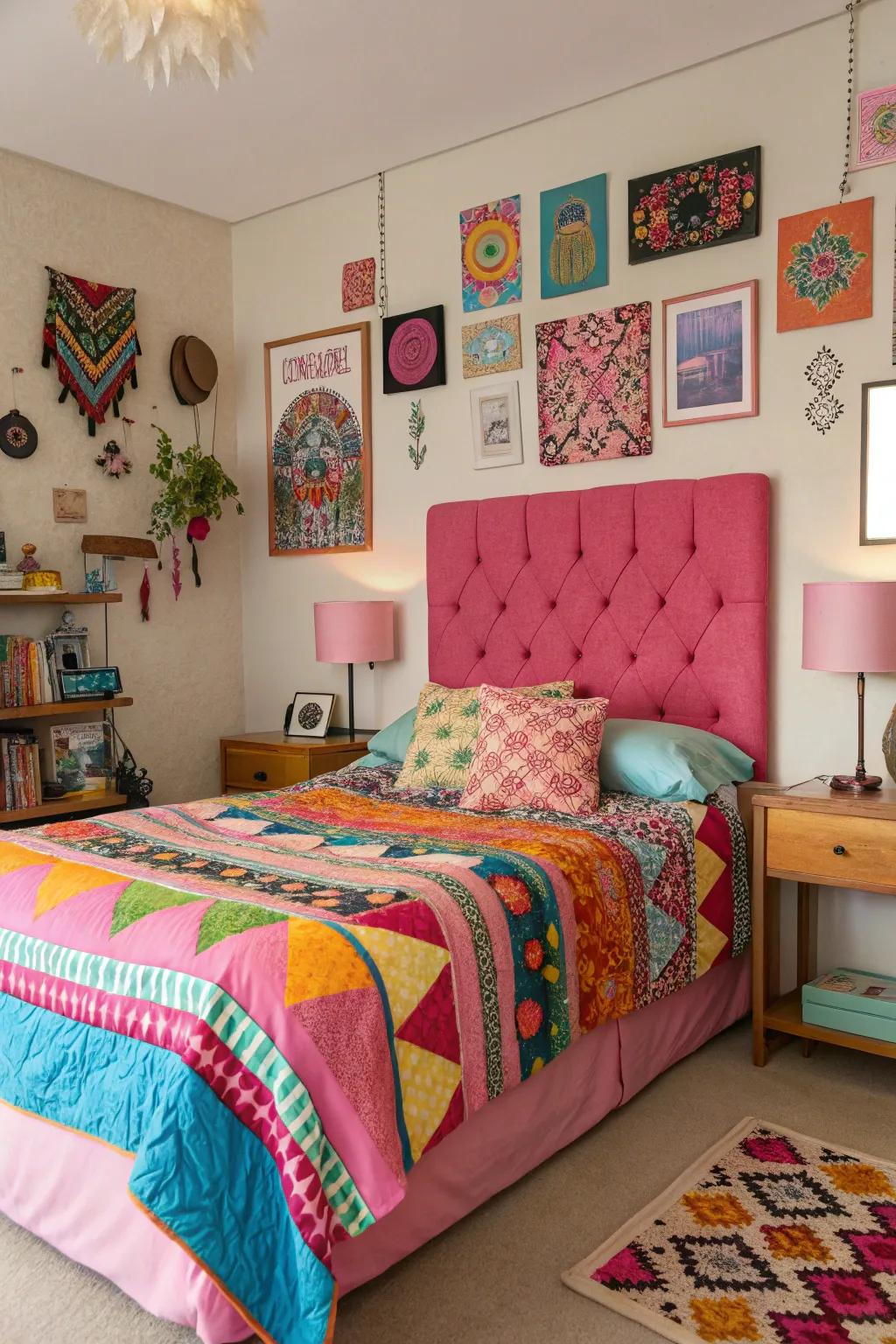A creative and vibrant space featuring an unconventional patchwork pink headboard.