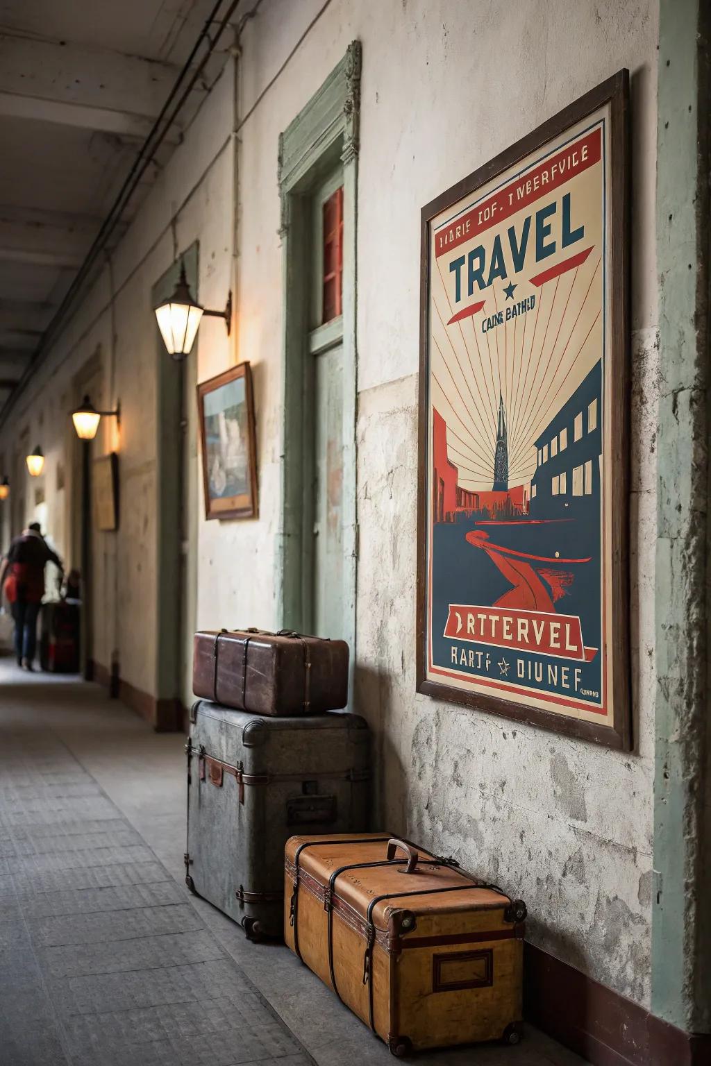 A classic aesthetic travel print fostering sentimentality in a hallway.