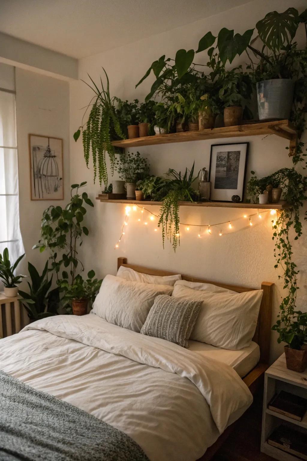 A bedroom plant shelf introducing a hint of tranquility.