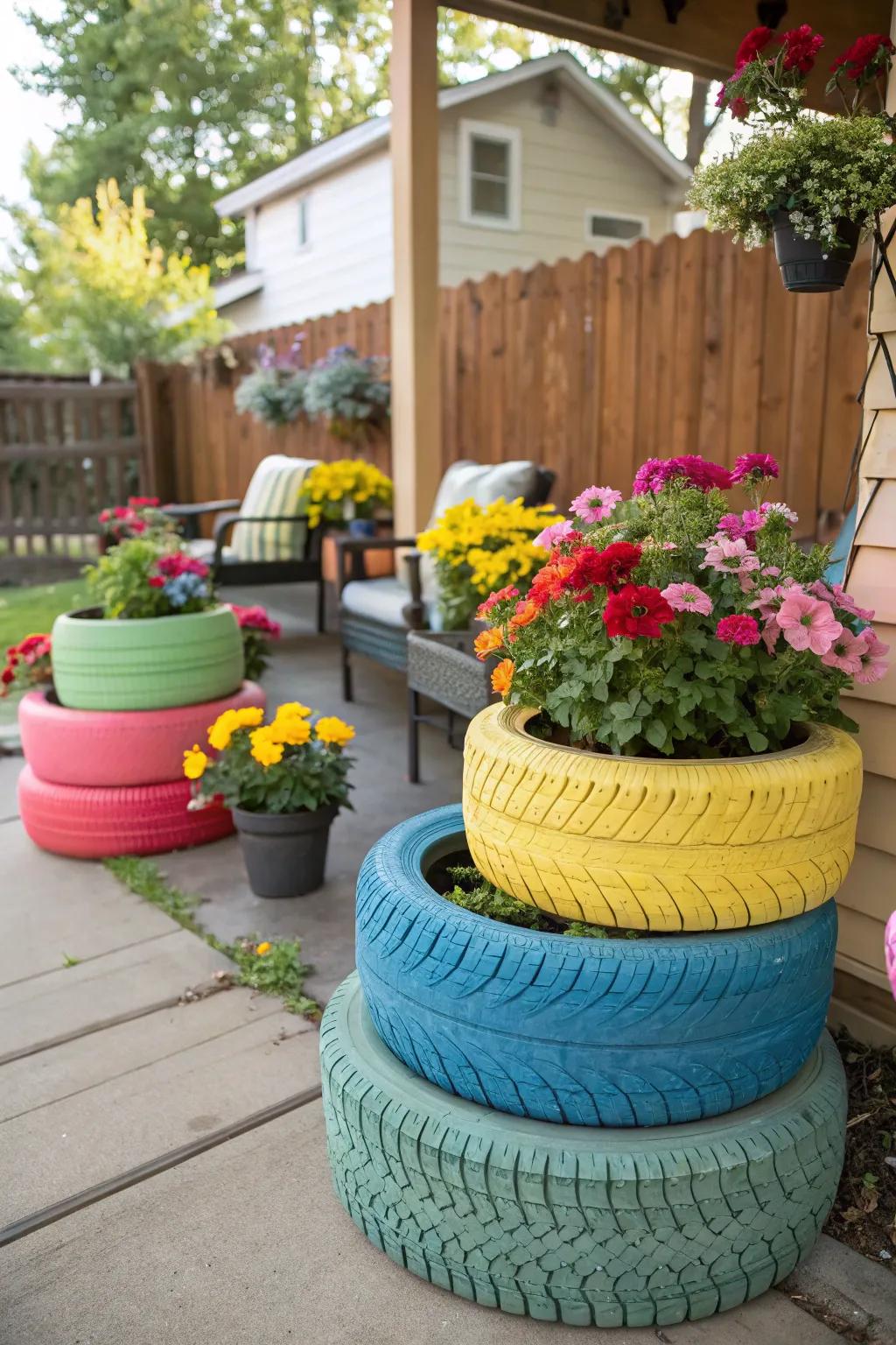 Get playful with reclaimed pneumatic planters.