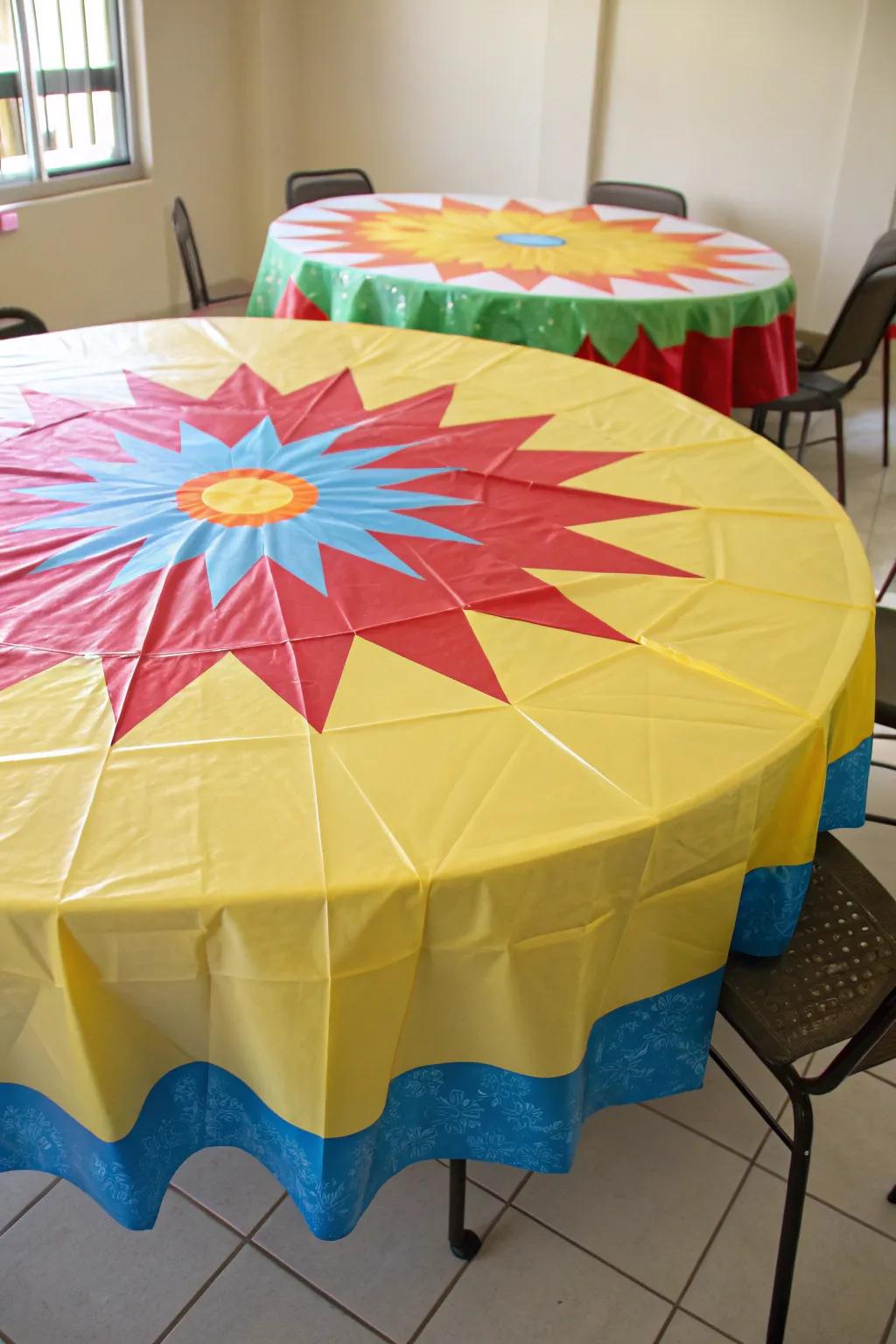 Create a striking table display with sunburst tablecloths.