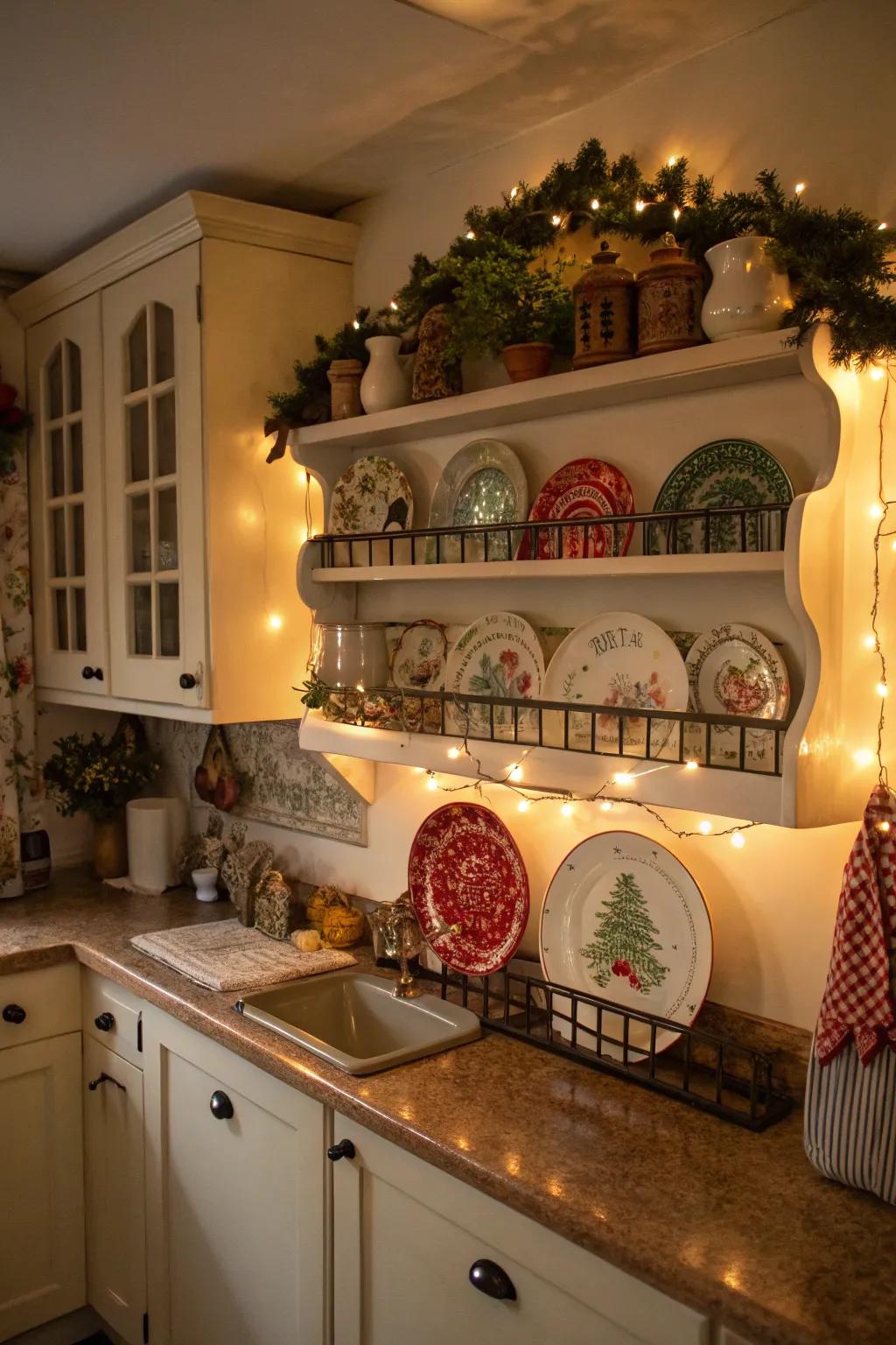 An inviting kitchen showcasing a seasonal plate rail display