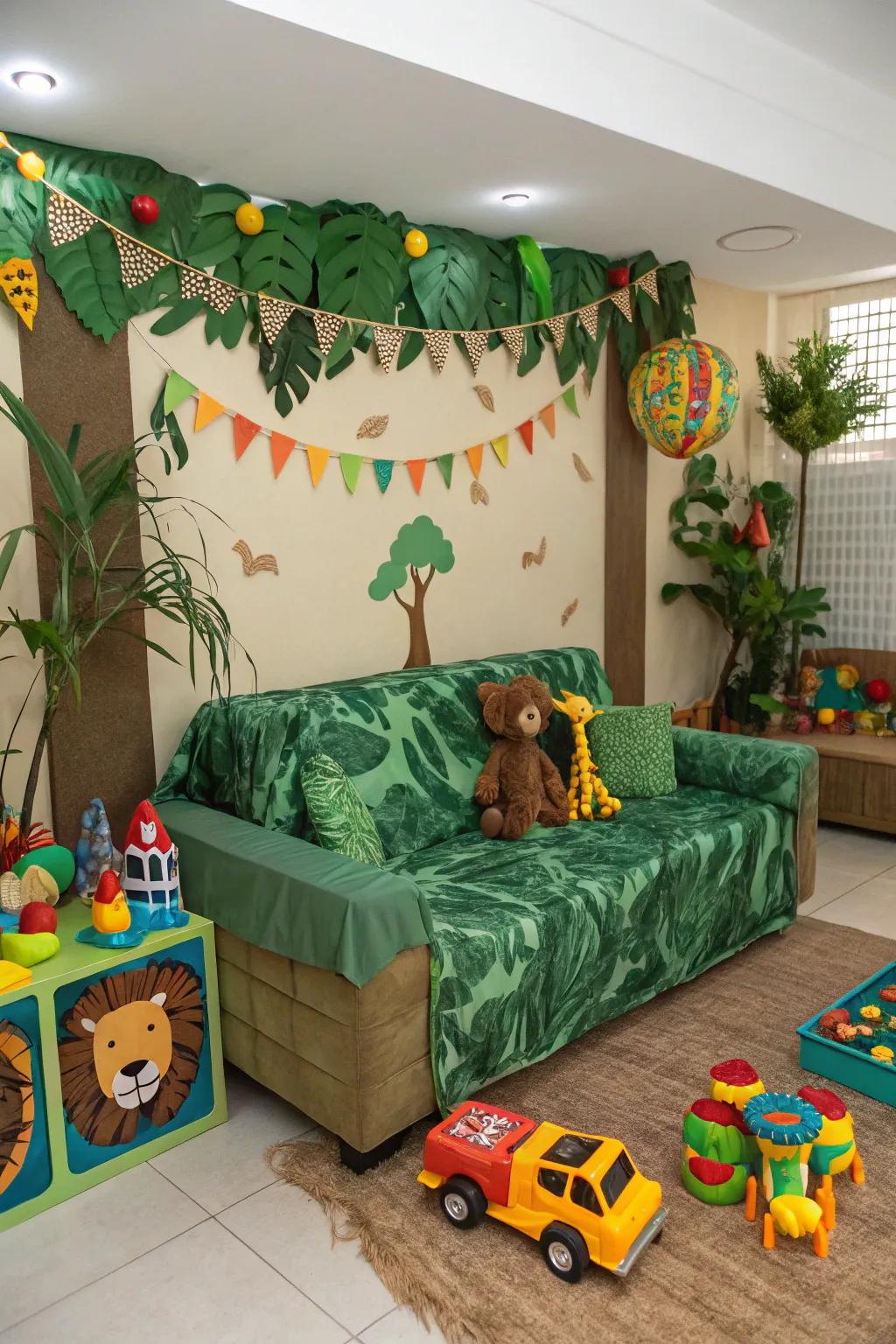 A personalized playroom showcases a jungle-themed seating arrangement.