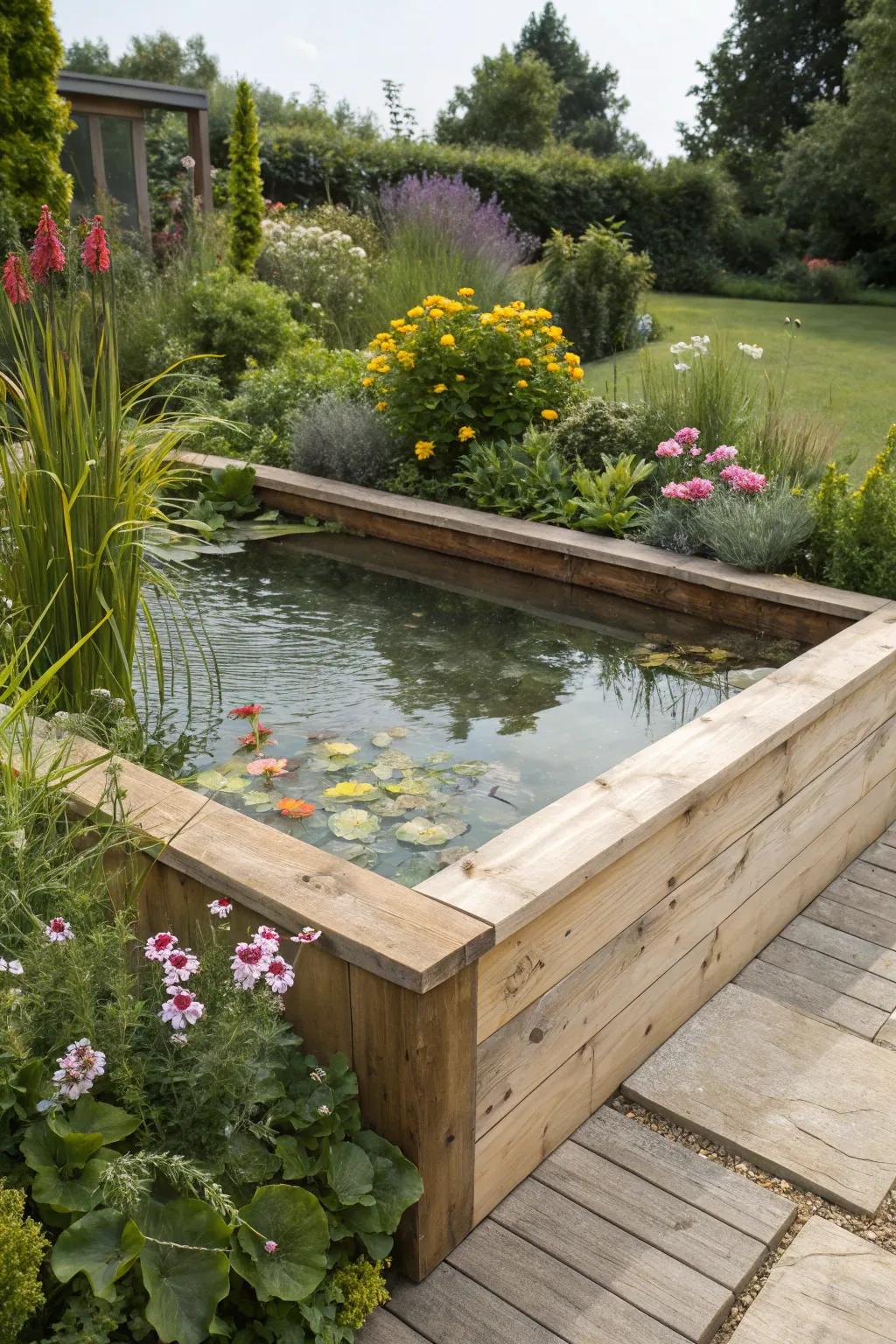 A raised pond affords a distinctive visual aspect and simpler upkeep.