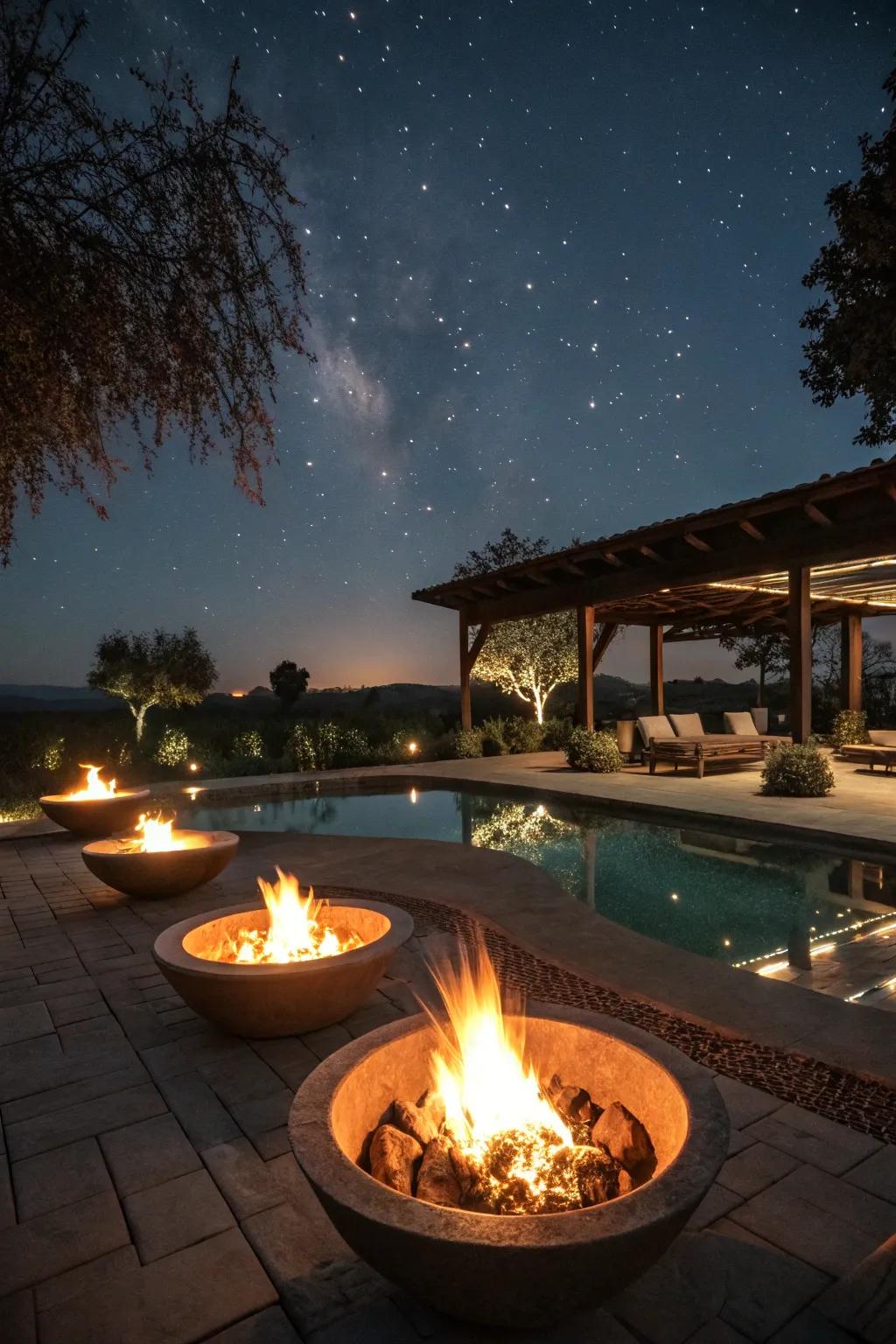 Fire bowls add drama and warmth to your poolside experience.