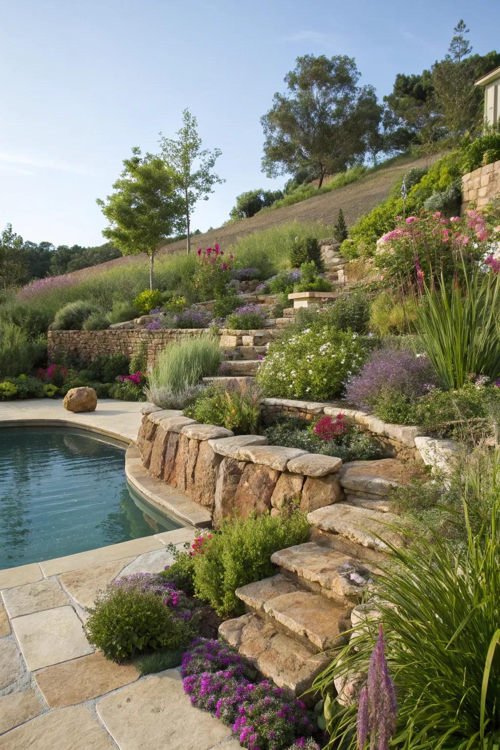 Tiered landscapes add depth and lushness to your pool area.