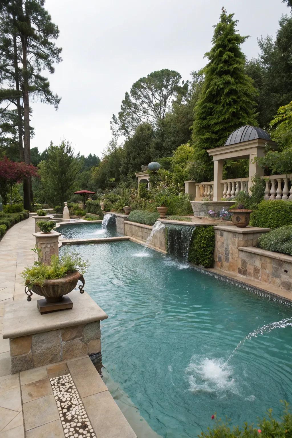 Water features add elegance and tranquility to pool areas.