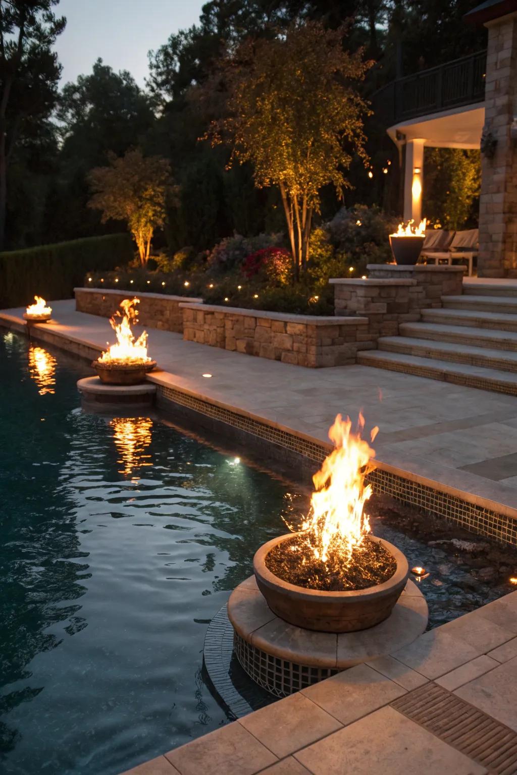 Flame aspects add a dramatic and warm ambiance to poolside settings.