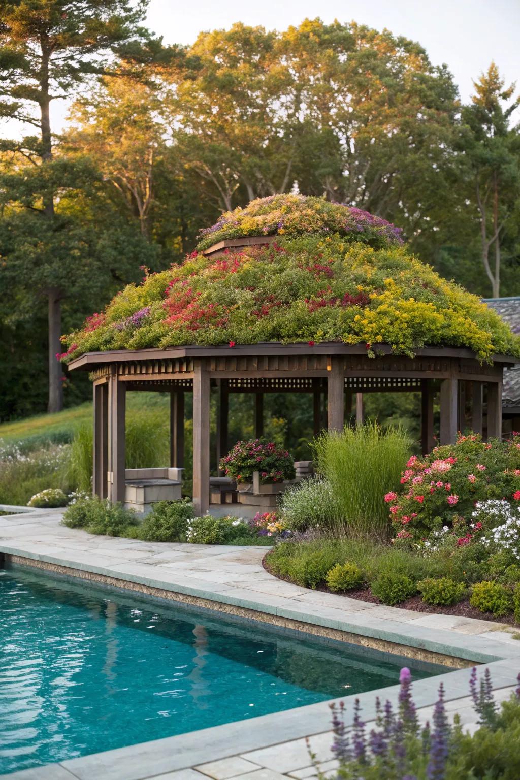 An eco-conscious verdant roof introduces a singular natural element to your pool shelter.
