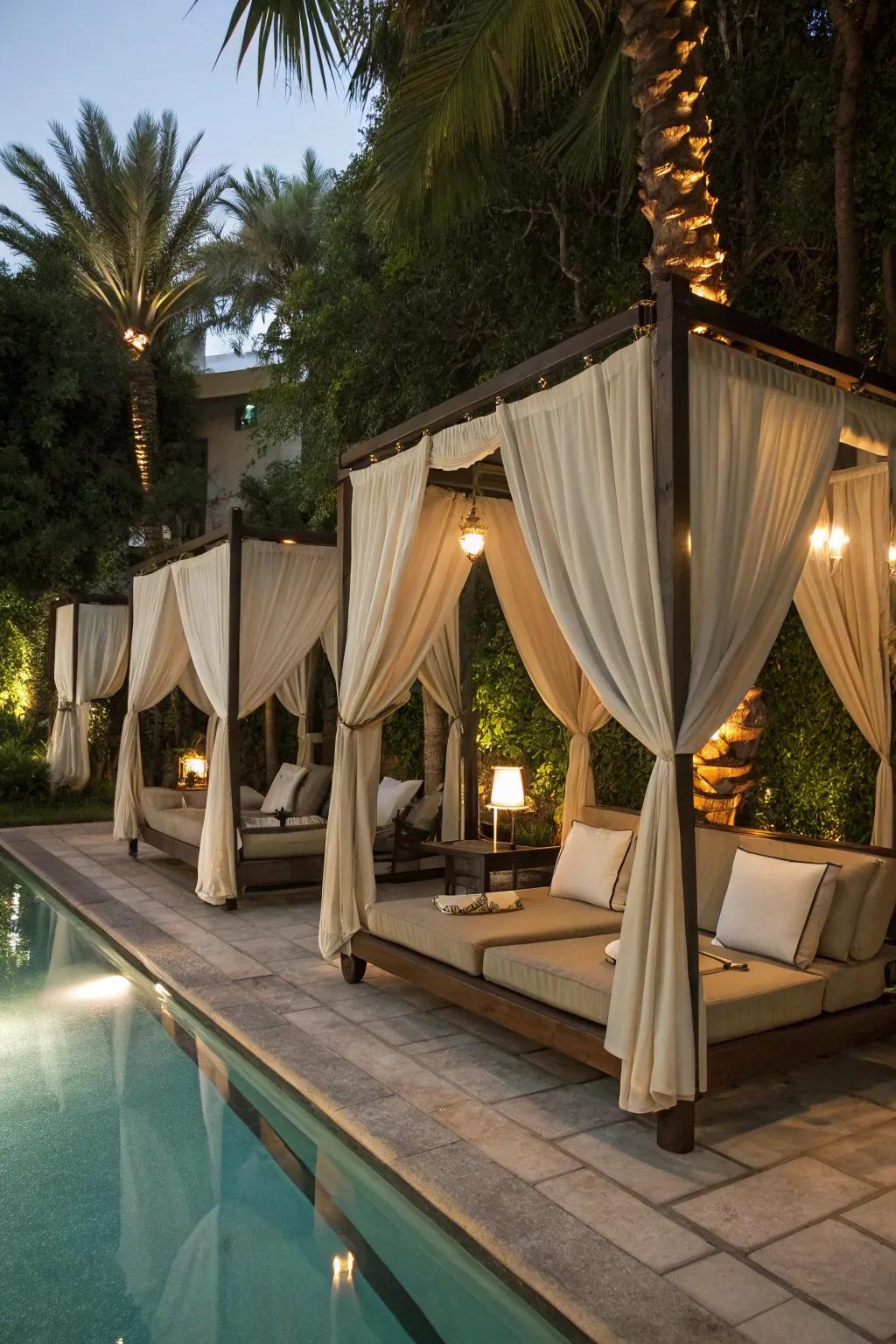 Canopies fashion intimate and secluded lounging spaces.