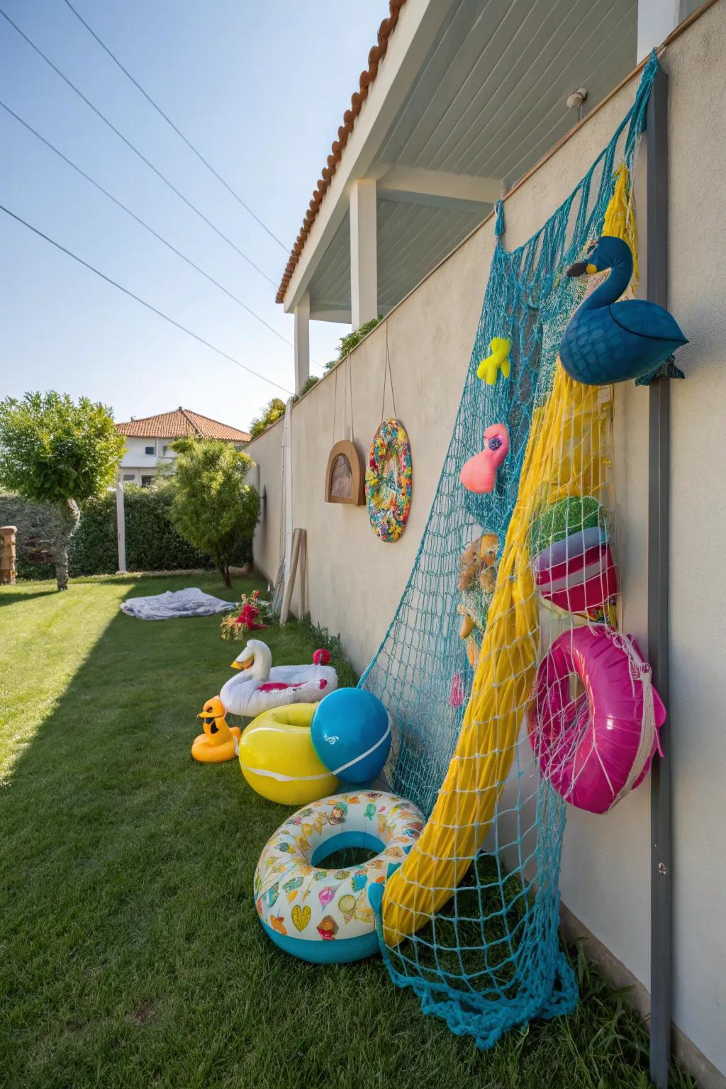A cargo net furnishes an exceptional storage resolution for pool inflatables.
