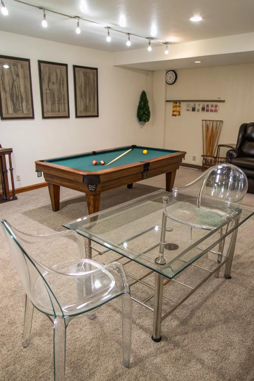 Glass components create a sense of openness in a small pool table room.