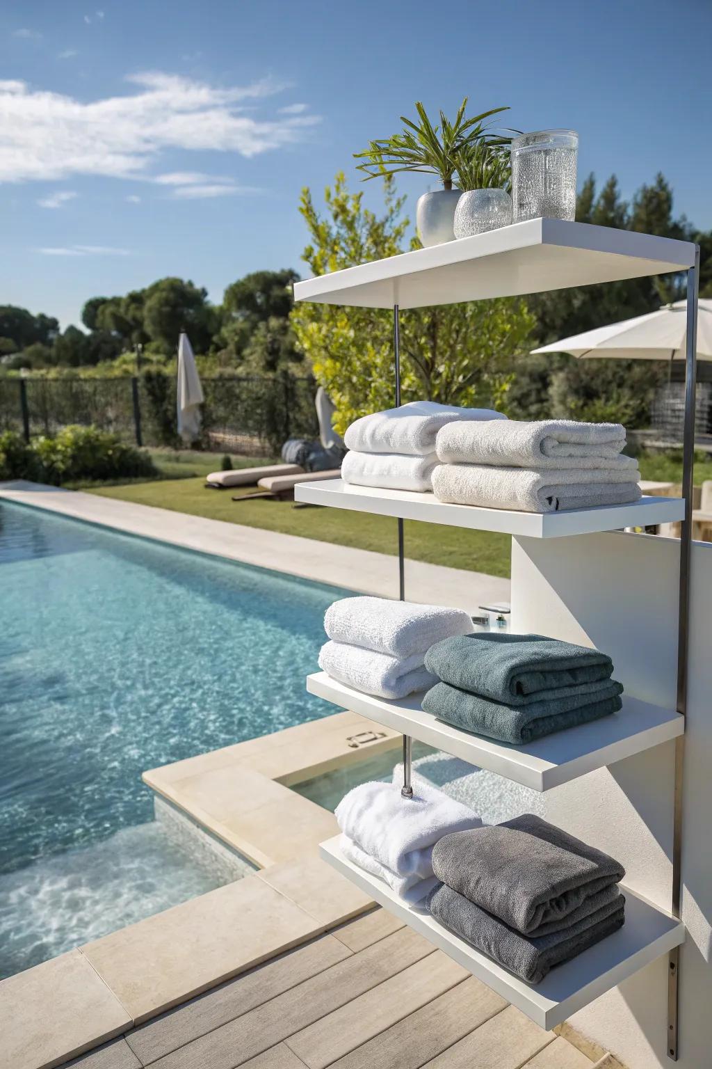 Contemporary suspended shelves for a modern poolside aesthetic.