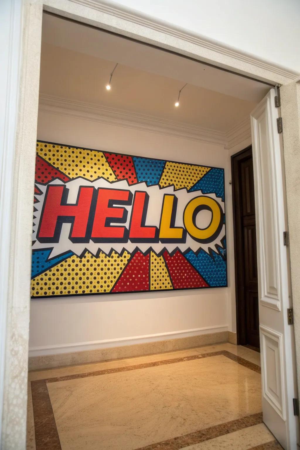 A welcoming art painting featuring strong text in an entryway.