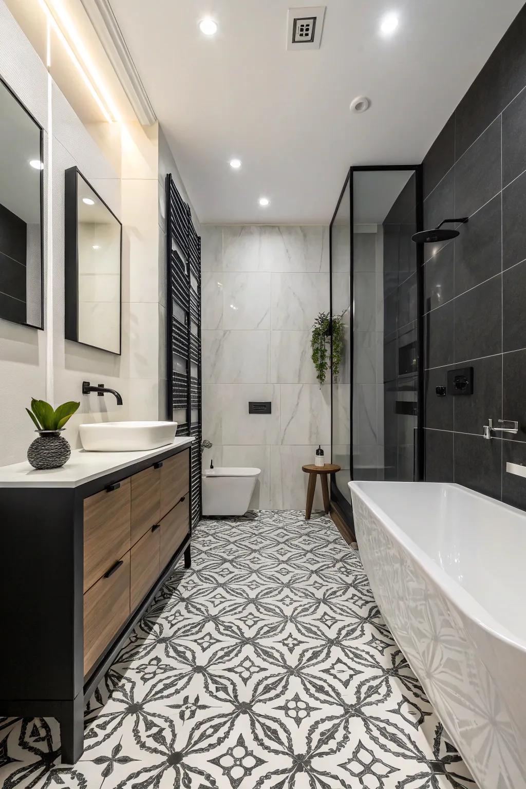 High contrast ebony and ivory squares make a daring, ageless declaration in this washroom.