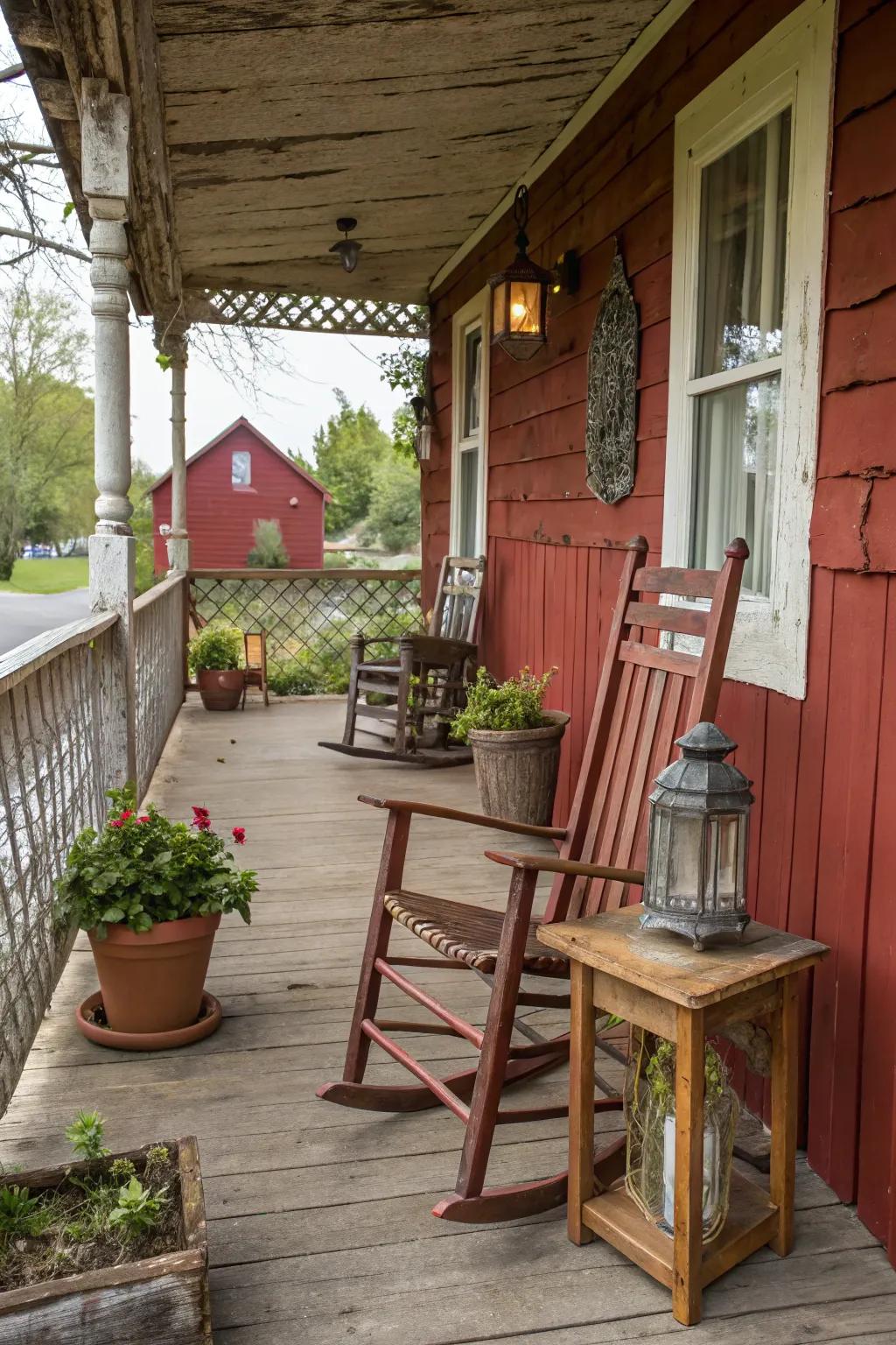 A rustic rural crimson porch that offers a snug and nostalgic atmosphere.