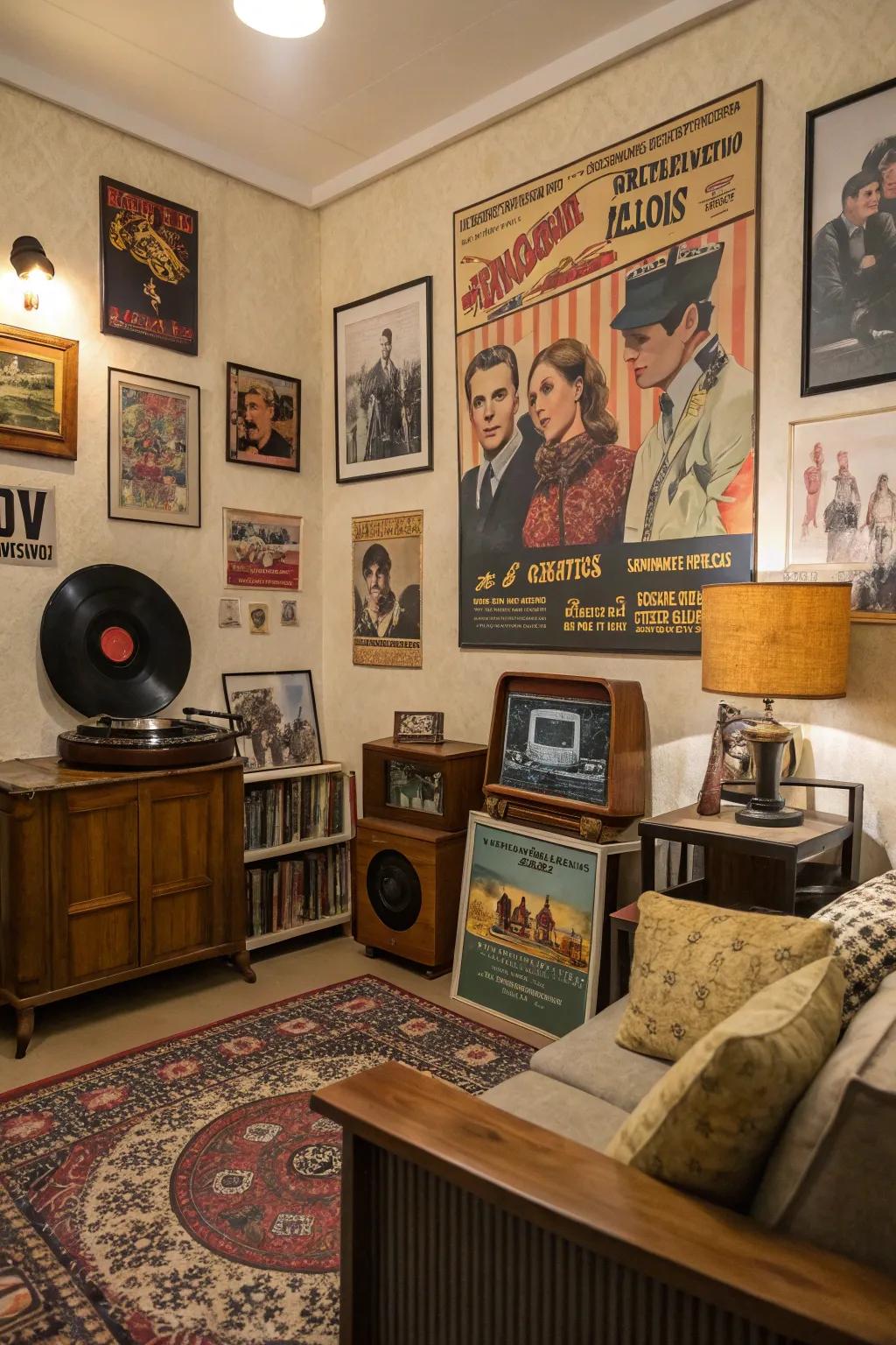 A retro-inspired room enhanced with alluring vintage posters.