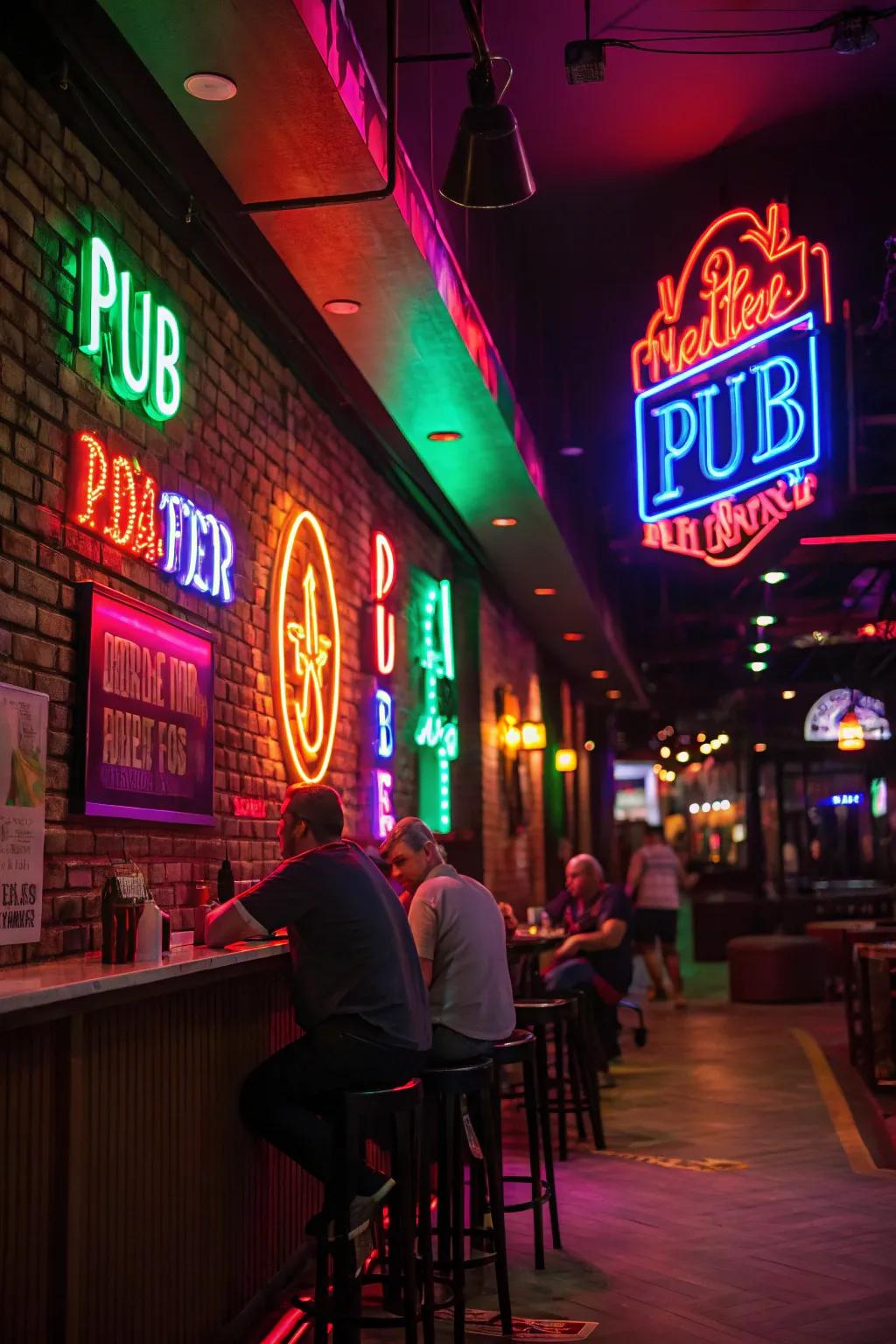 Neon signage introduces a modern and lively touch to your pub.