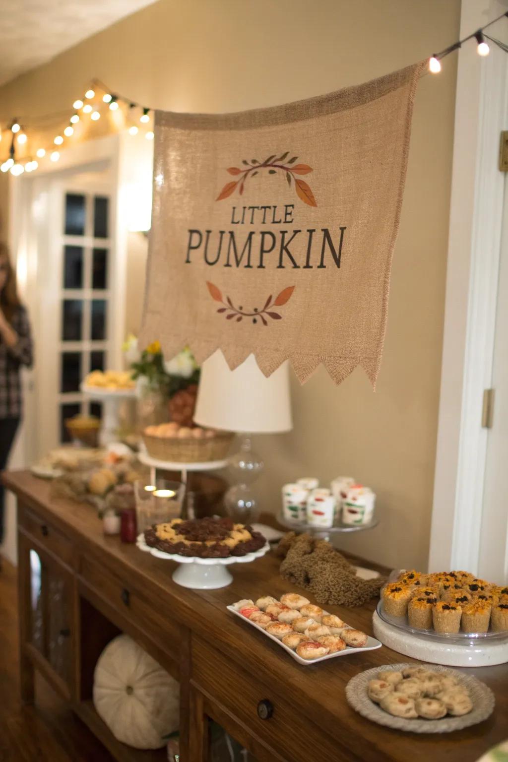 A rustic 'Little Pumpkin' banner over the dessert table.