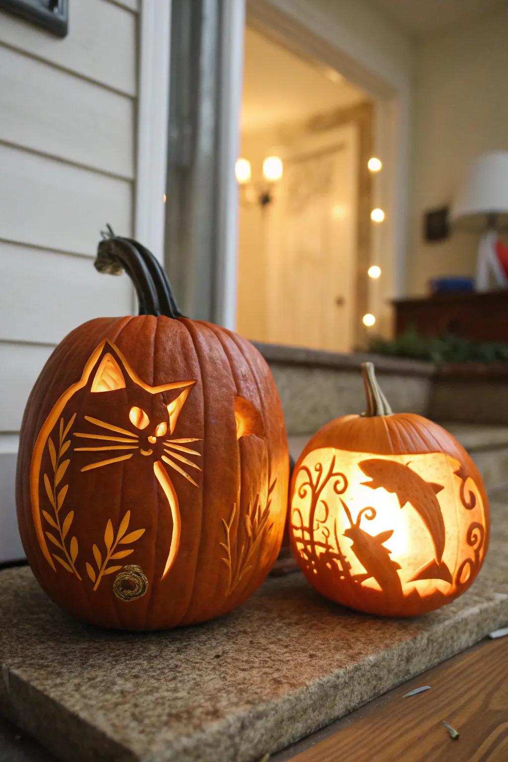 A playful feline and aquatic-vessel pumpkin arrangement for a distinctive Halloween setup.