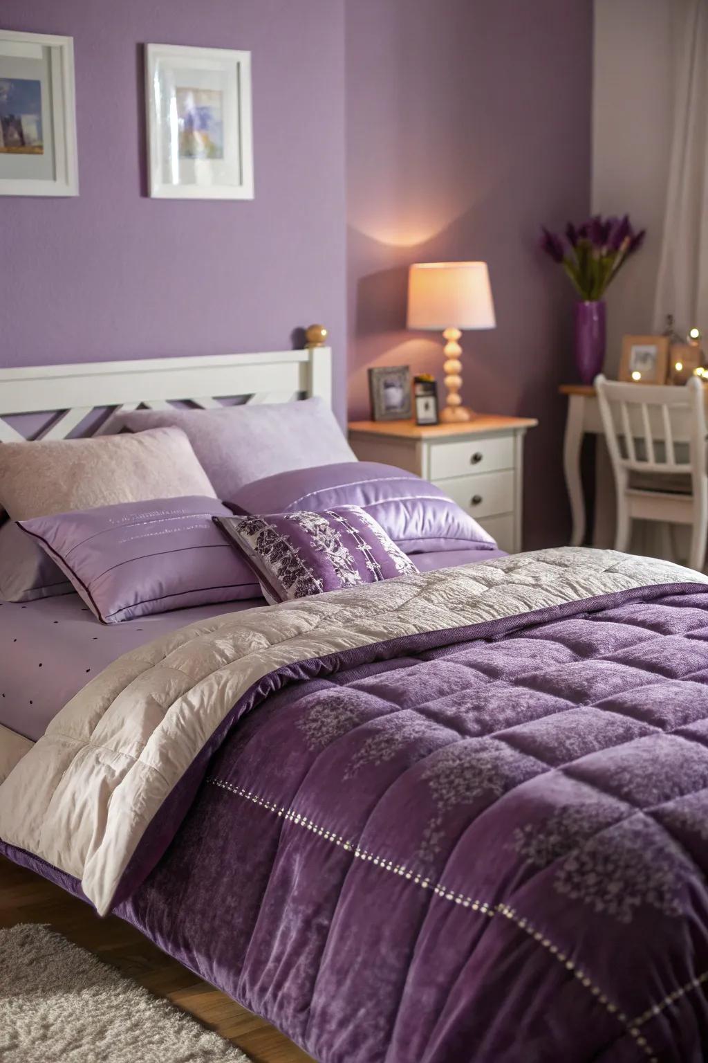 Layered luxurious bedding enhances the comfort of a purple bedroom.