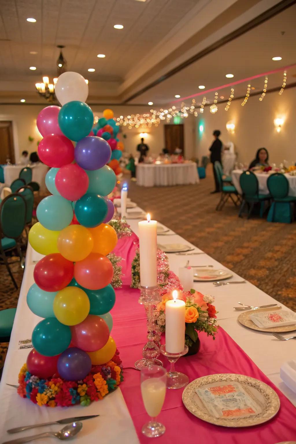 Balloon table pathways contribute a frolicsome nuance to culinary tables.