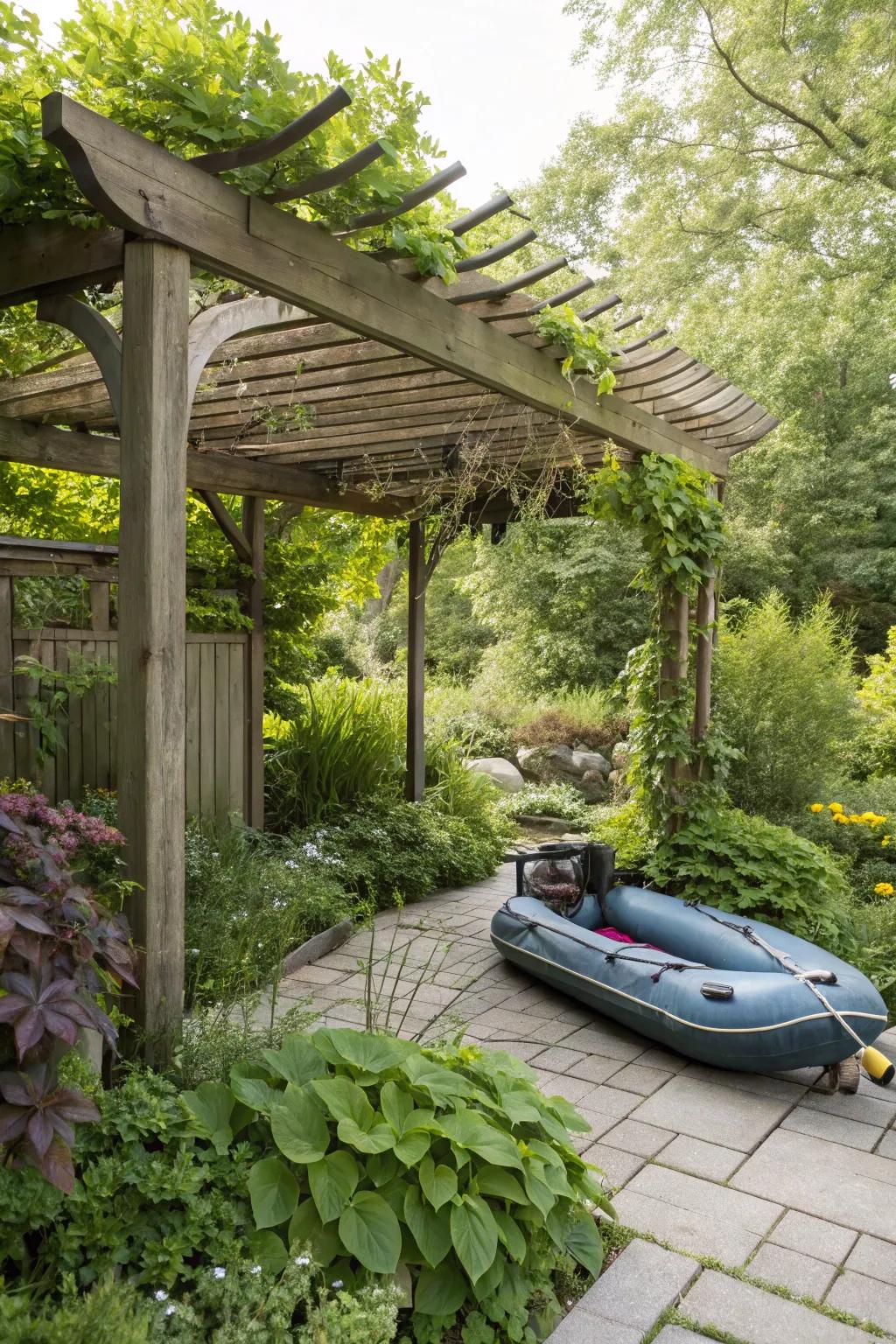 A garden structure offers a picturesque location for watercraft storage.