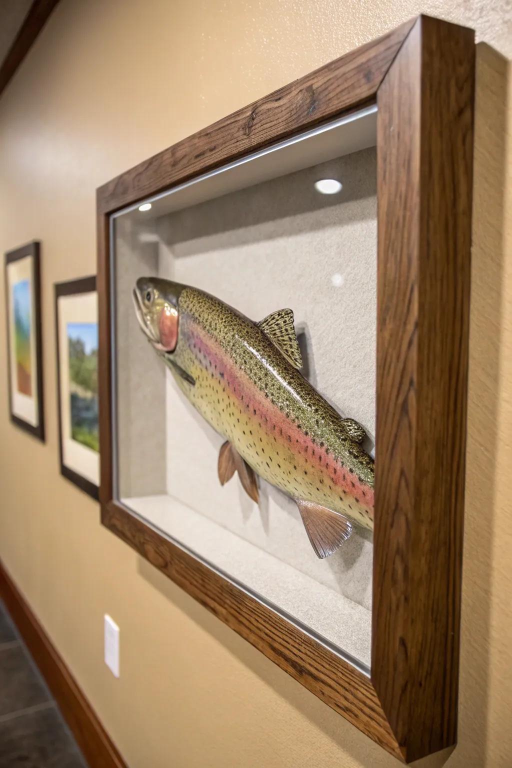 An artistic shadow box adds depth and sophistication to the rainbow trout mount, transforming it into a captivating work of art.